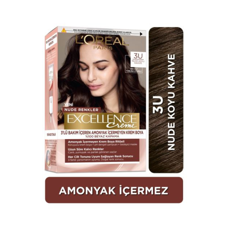 Loreal Paris Excellence Creme Nude Renkler Saç Boyası – 3U Nude Koyu Kahve -1
