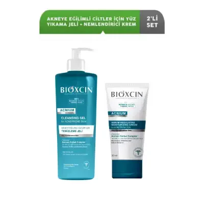 Bioxcin Acnium Akneye Eğilimli Ciltler için Yüz Yıkama Jeli+Nemlendirici Krem - 1