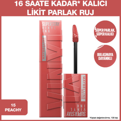 Maybelline New York Super Stay Vinyl Ink Likit Parlak Ruj - 15 Peachy - 5